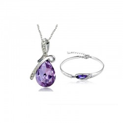 Platinum plated purple CZ diamonds ribbon drop pendant with earrings